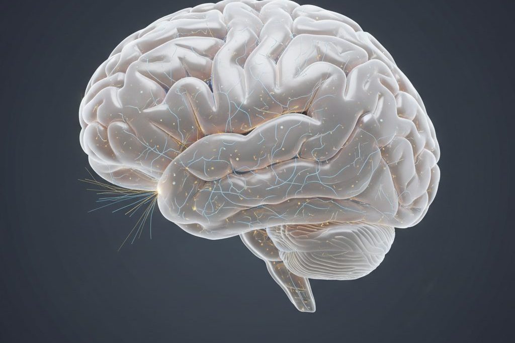 Educational rendering of a human brain highlighting the prefrontal cortex