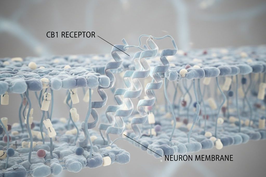 3D rendering of a CB1 cannabinoid receptor embedded in a cell membrane