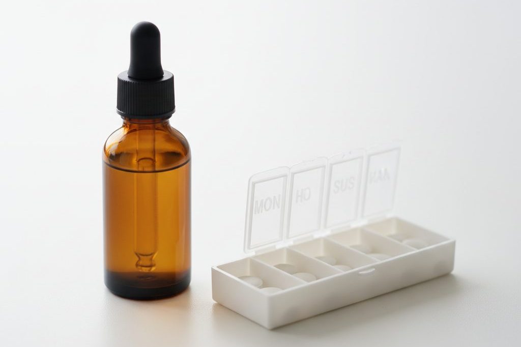 Amber dropper bottle and pill organizer in a clinical still-life