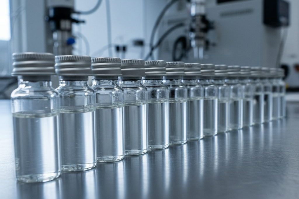 Row of chromatography sample vials on a laboratory benchtop
