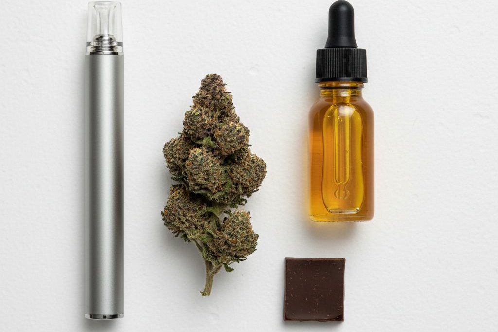 Flat-lay of cannabis delivery forms: flower, tincture, edible, and vape