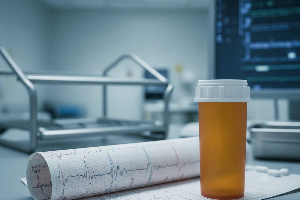 EEG printout and an unlabeled medication bottle on a clinical desk