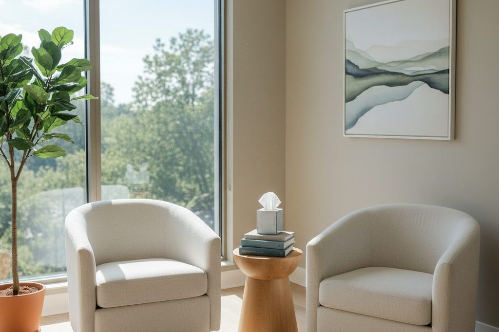 Empty therapy consulting room with two chairs
