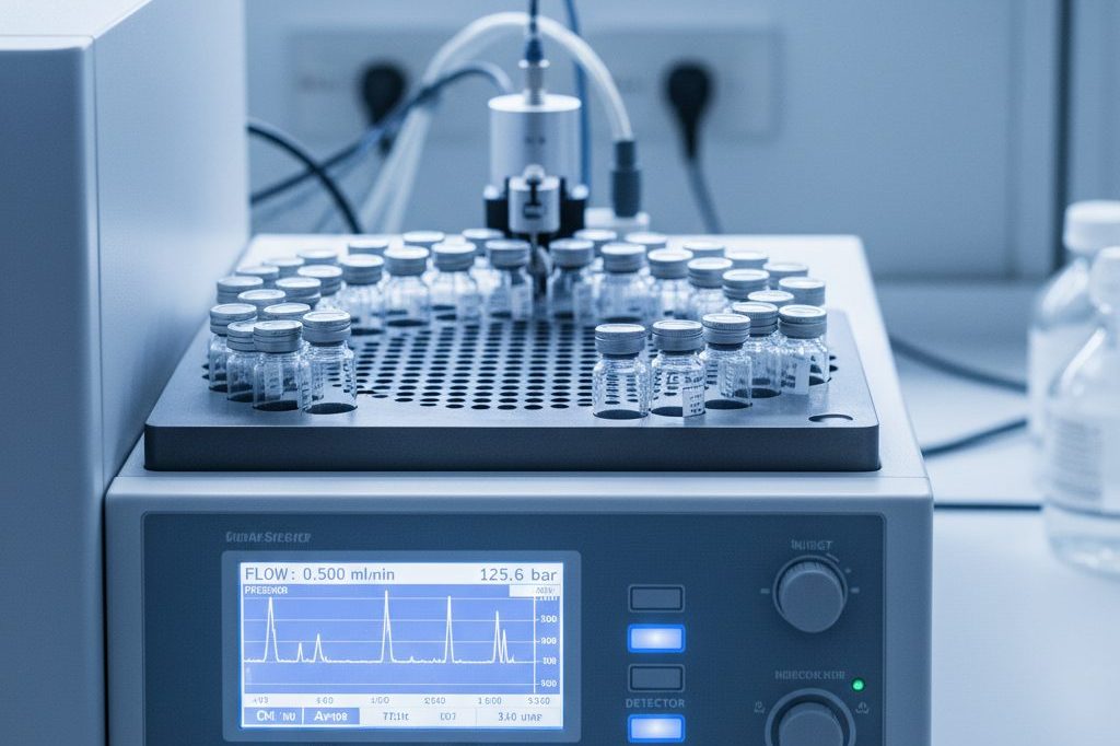 Close-up of an HPLC instrument with sample vials in an autosampler