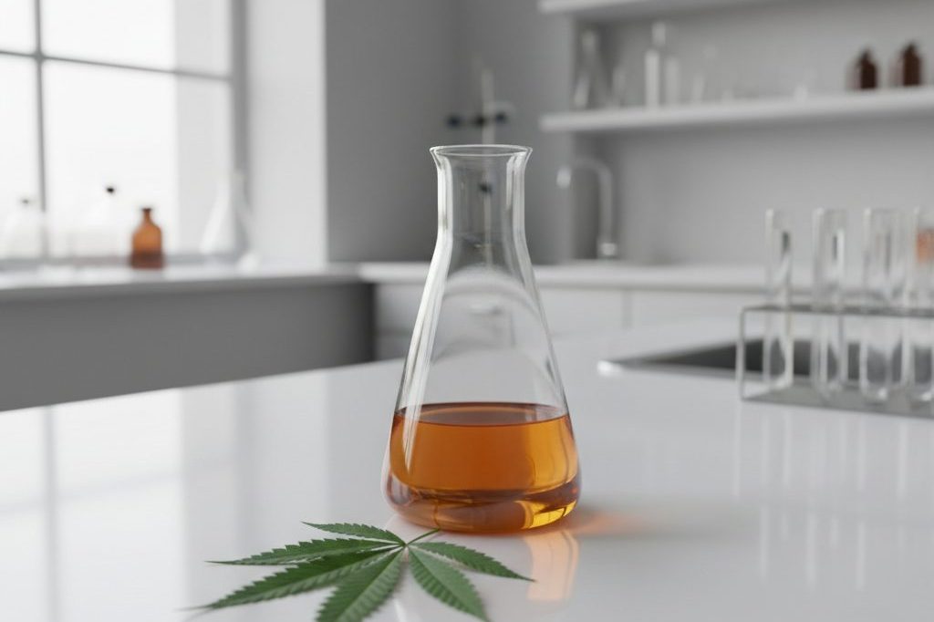 Laboratory flask on a white counter beside a cannabis leaf — cannabis research scene