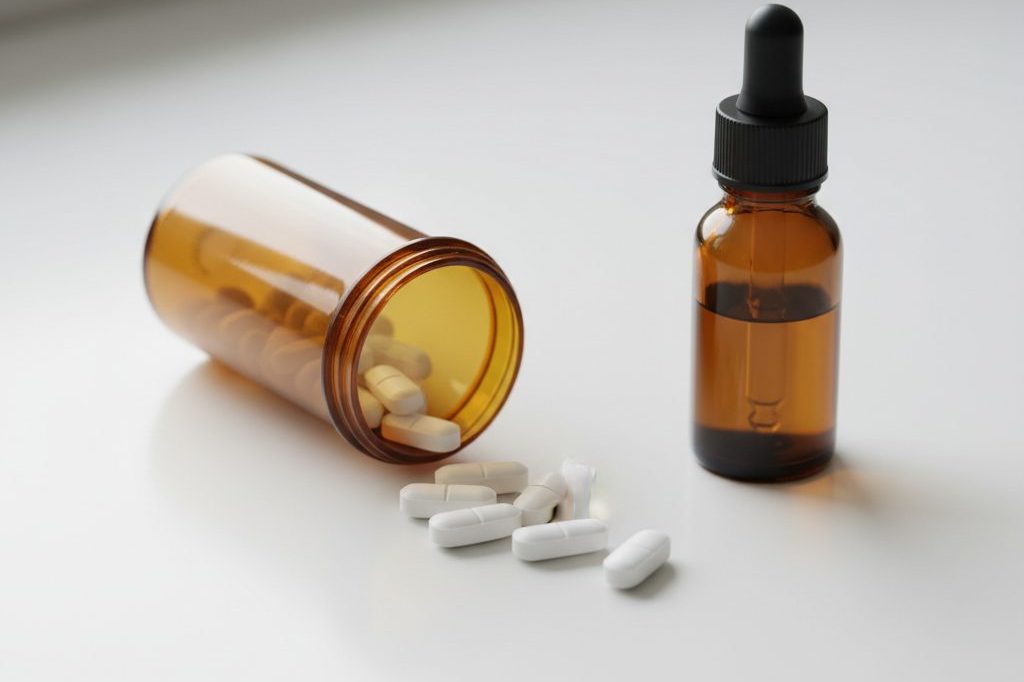 Weekly pill organizer next to a cannabis tincture bottle