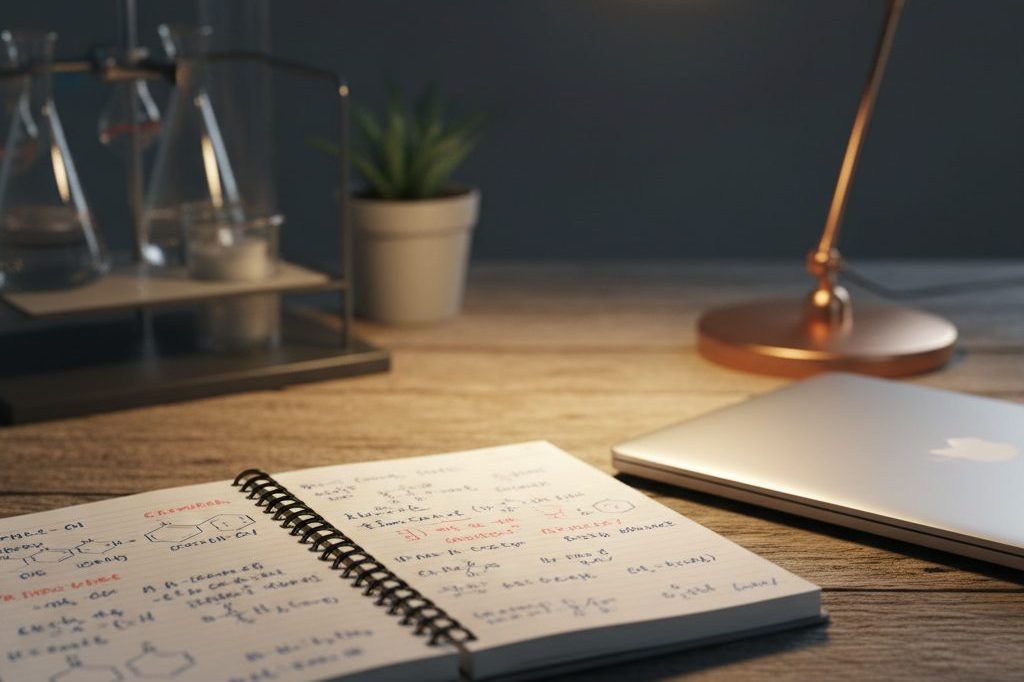 Handwritten research notebook open beside a laptop on a desk