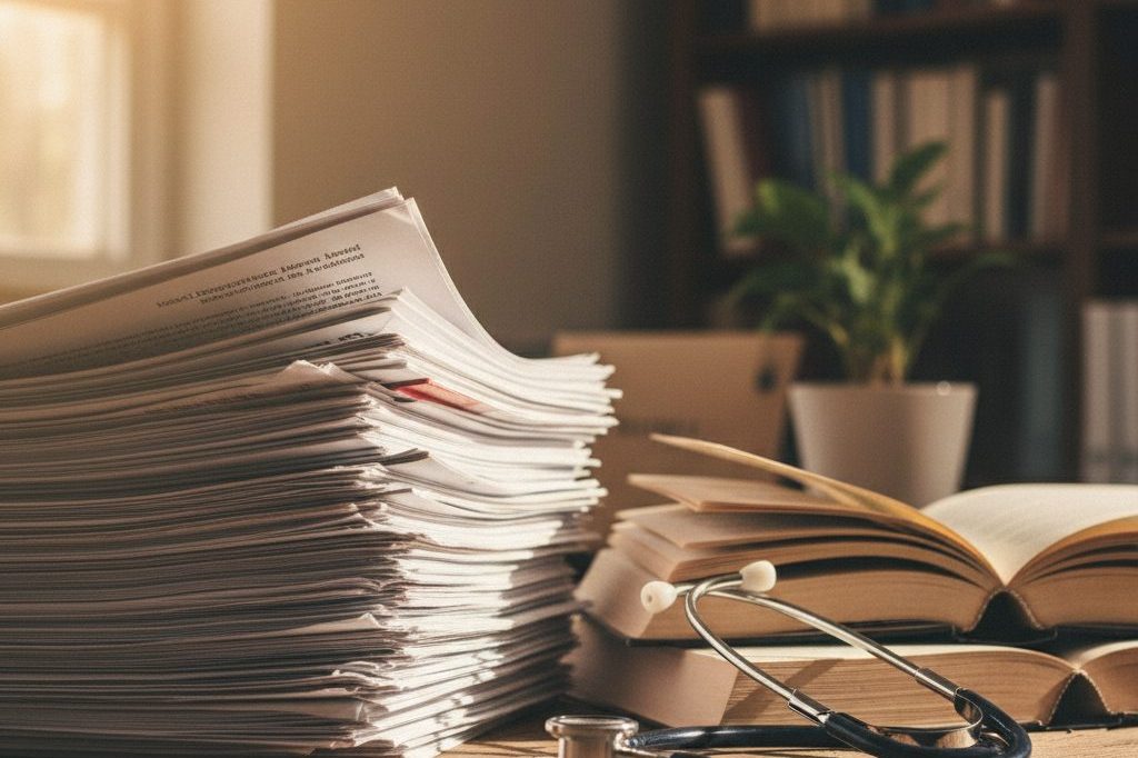 Research papers and a stethoscope on a desk