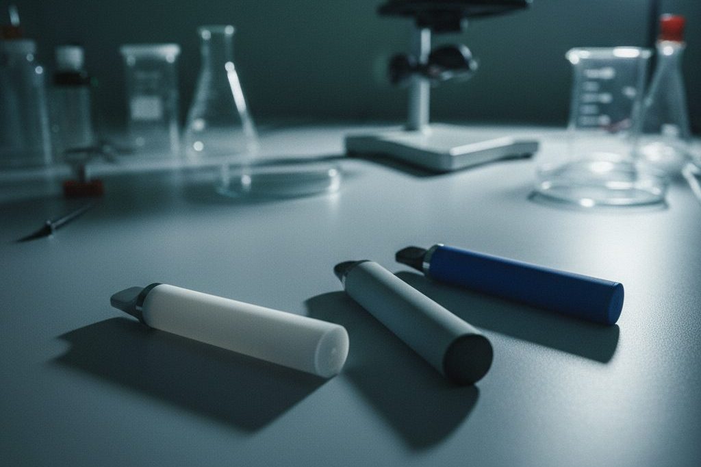 Three unlabeled disposable vape pens on a laboratory bench